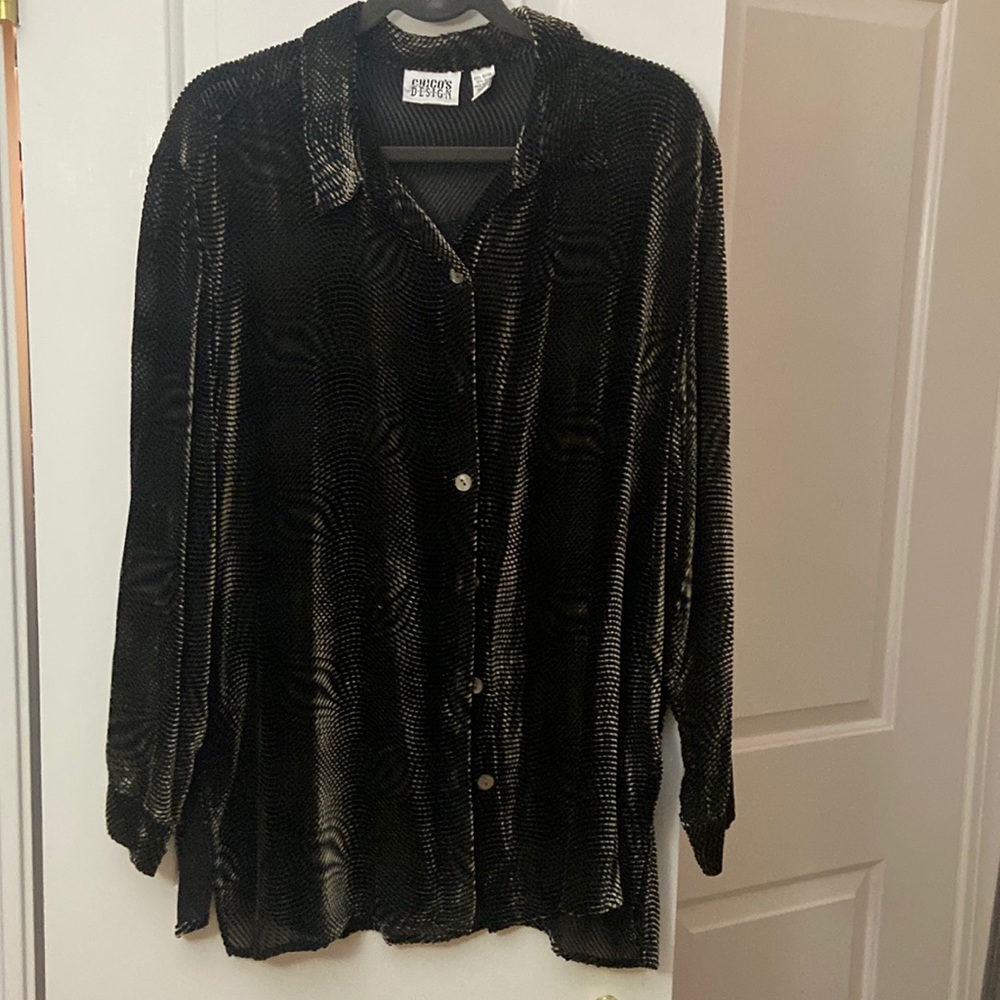 Chico’s velvet button down blouse, burnt out design, black &green-gold, XL (3)